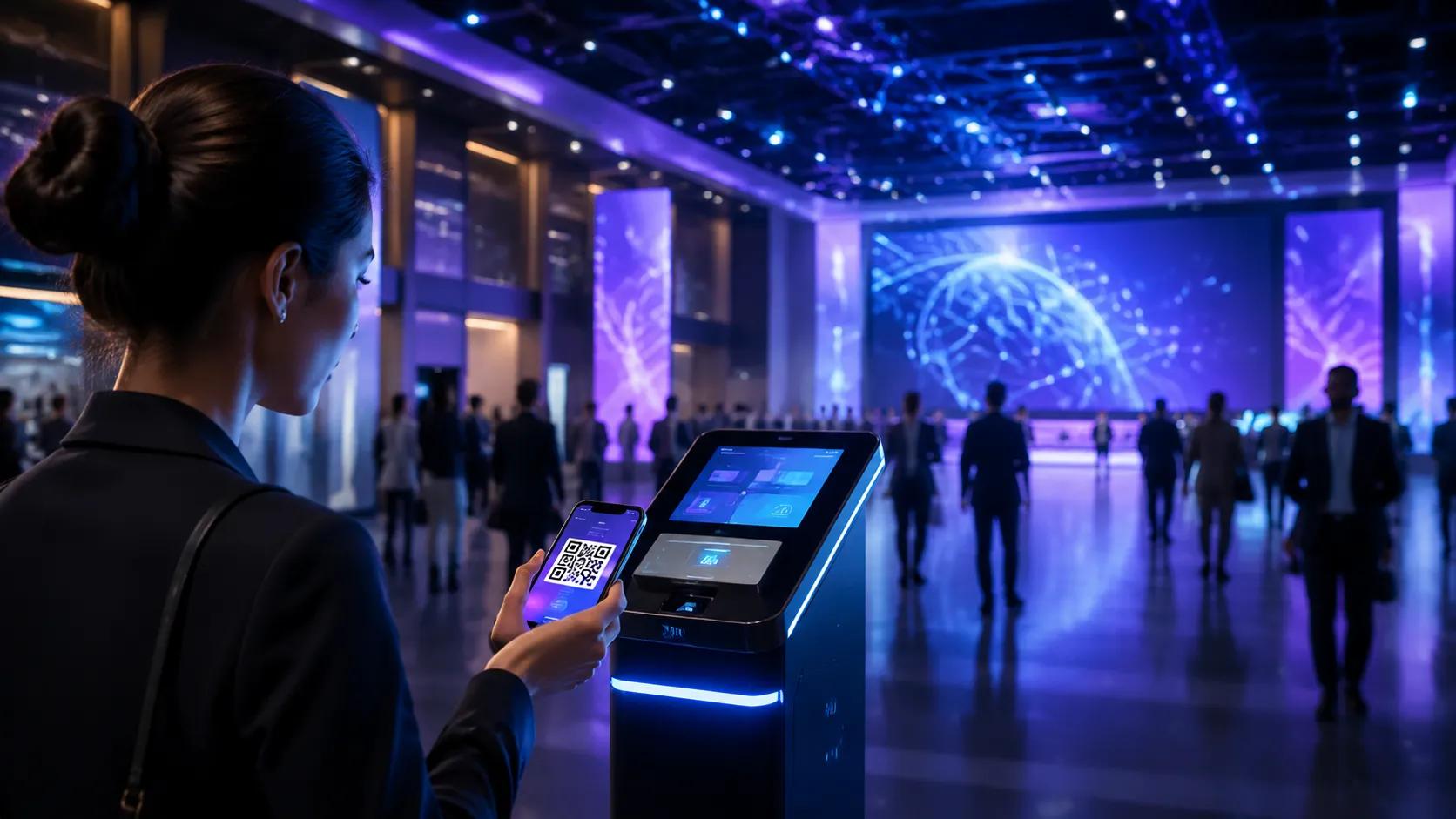 Woman scanning a QR code at a futuristic kiosk in a neon-lit conference space.